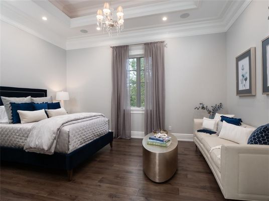 Bedroom, Chandelier, Interior, Recessed Lighting, Wood Texture Flooring