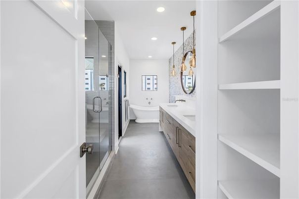 Bathroom, Dual Sink Vanities, Glass Shower, Interior, Pendant Lights, Recessed Lighting