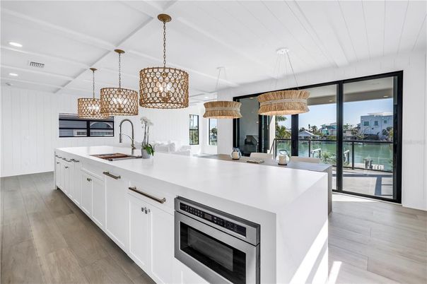 Interior, Kitchen, Pendant Lights, Recessed Lighting, Stainless Steel Appliances, Water, Wood Texture Flooring