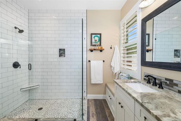 Bathroom, Glass Shower, Interior, Wood Texture Flooring