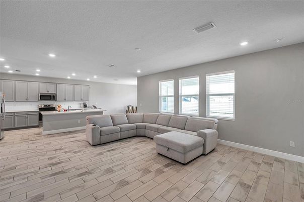 Interior, Kitchen, Living room, Recessed Lighting, Stainless Steel Appliances, Wood Texture Flooring