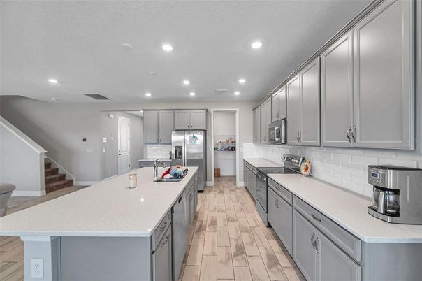 Interior, Kitchen, Recessed Lighting, Stainless Steel Appliances, Wood Texture Flooring