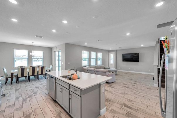 Dining room, Interior, Kitchen, Living room, Recessed Lighting, Wood Texture Flooring