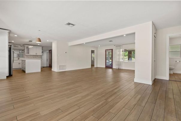 Empty room, Interior, Kitchen, Pendant Lights, Recessed Lighting, Wood Texture Flooring