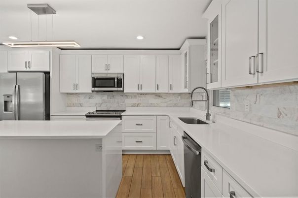 Interior, Kitchen, Pendant Lights, Recessed Lighting, Stainless Steel Appliances, Wood Texture Flooring