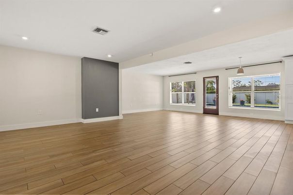 Empty room, Interior, Pendant Lights, Recessed Lighting, Wood Texture Flooring