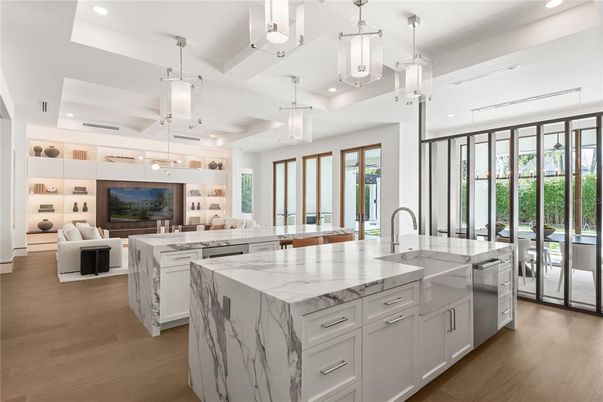 Interior, Kitchen, Living room, Pendant Lights, Recessed Lighting, Wood Texture Flooring