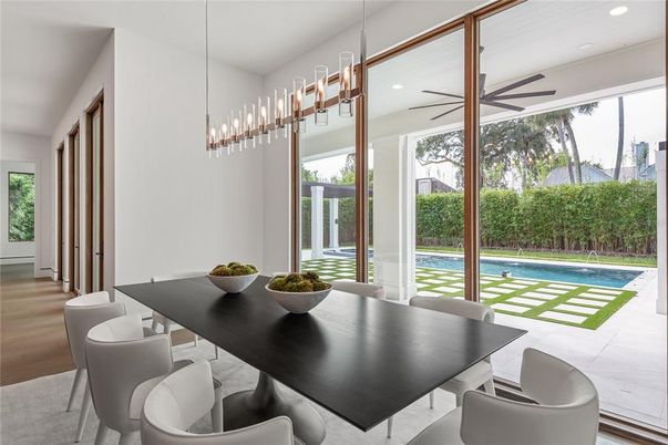 Dining room, Interior, Pendant Lights, Recessed Lighting, Wood Texture Flooring