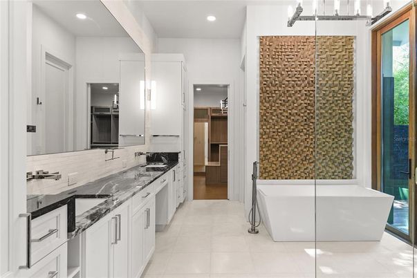 Bathroom, Dual Sink Vanities, Free Standing Baths, Glass Shower, Interior, Recessed Lighting