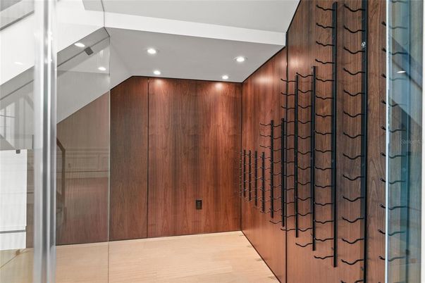 Interior, Recessed Lighting, Wine Storage, Wood Texture Flooring, Wooden Walls