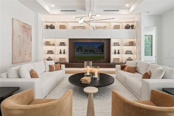 Interior, Living room, Pendant Lights, Recessed Lighting, Wood Texture Flooring