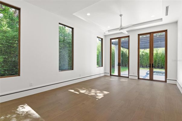 Empty room, Interior, Recessed Lighting, Wood Texture Flooring