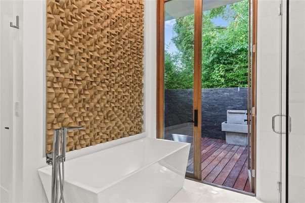 Bathroom, Free Standing Baths, Glass Shower, Interior, Wood Texture Flooring