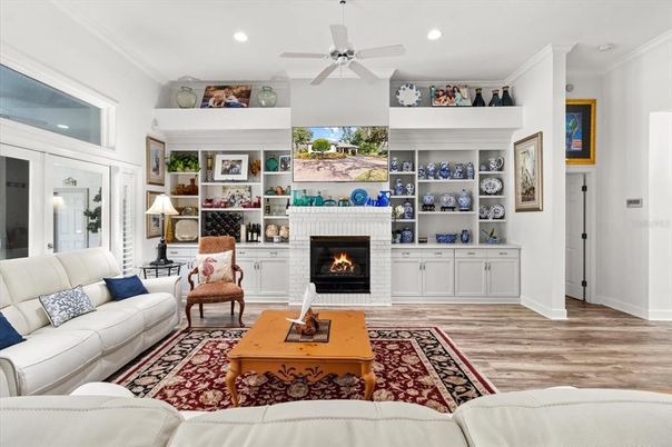 Fireplace, Interior, Living room, Recessed Lighting, Wood Texture Flooring