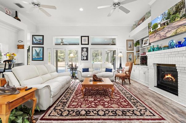 Fireplace, Interior, Living room, Recessed Lighting, Wood Texture Flooring