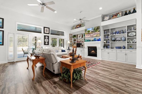 Fireplace, Interior, Living room, Recessed Lighting, Wood Texture Flooring