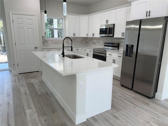 Interior, Kitchen, Pendant Lights, Stainless Steel Appliances, Wood Texture Flooring