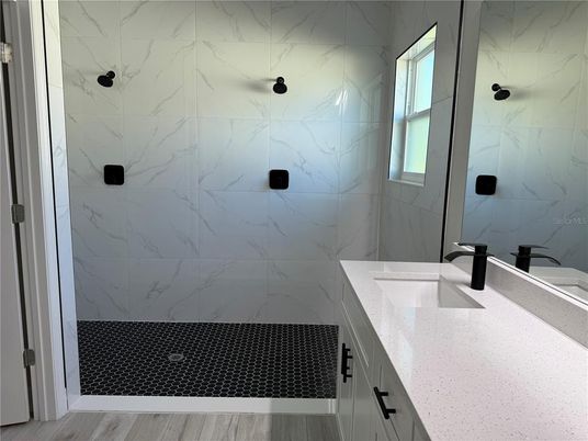 Bathroom, Interior, Marble Walls, Wood Texture Flooring