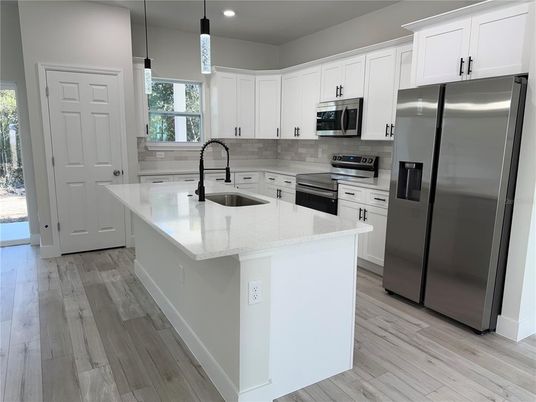 Interior, Kitchen, Pendant Lights, Recessed Lighting, Stainless Steel Appliances, Wood Texture Flooring