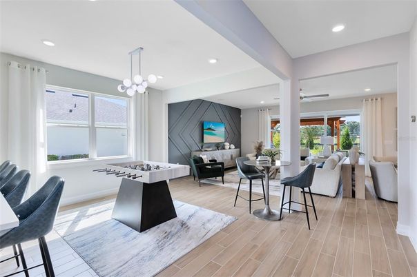 Game Room, Interior, Living room, Pendant Lights, Recessed Lighting, Wood Texture Flooring