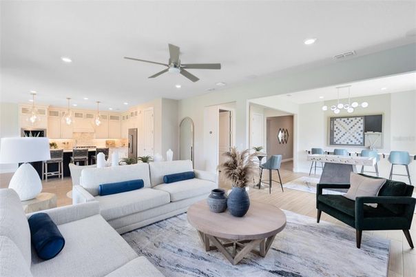Dining room, Interior, Kitchen, Living room, Pendant Lights, Recessed Lighting, Stainless Steel Appliances, Wood Texture Flooring