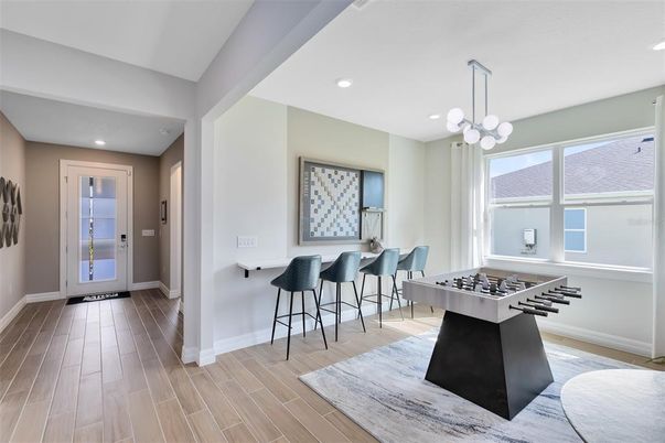 Game Room, Interior, Kitchen, Pendant Lights, Recessed Lighting, Wood Texture Flooring