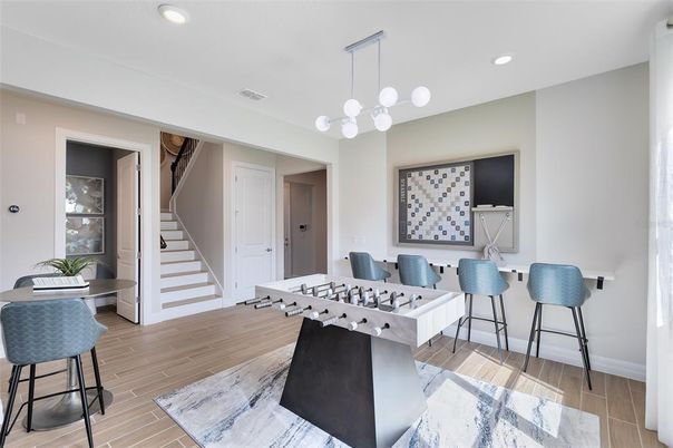 Game Room, Interior, Pendant Lights, Recessed Lighting, Wood Texture Flooring