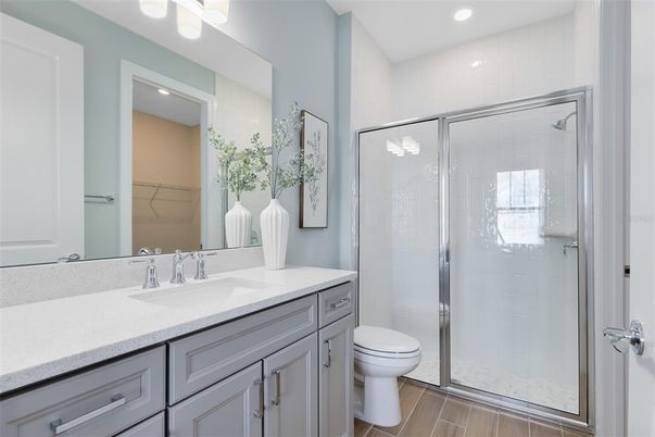 Bathroom, Glass Shower, Interior, Recessed Lighting, Wood Texture Flooring