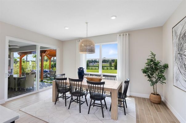 Dining room, Interior, Pendant Lights, Recessed Lighting, Wood Texture Flooring
