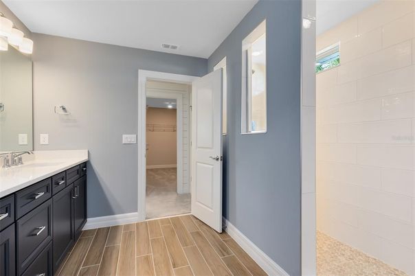 Bathroom, Interior, Recessed Lighting, Wood Texture Flooring