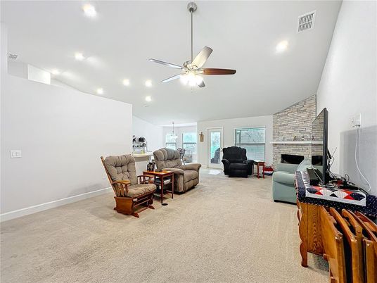 Fireplace, Interior, Living room, Pendant Lights, Recessed Lighting, Stone Walls