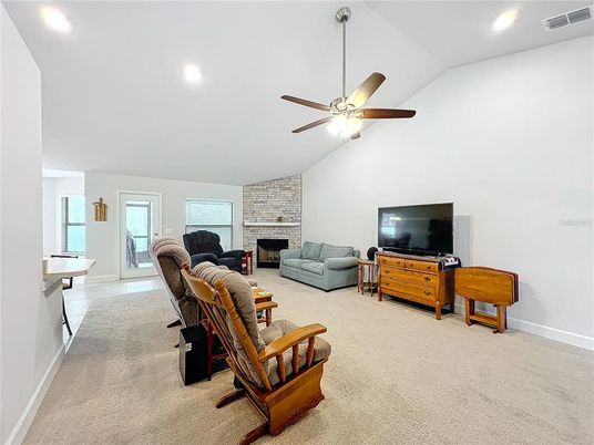 Fireplace, Interior, Living room, Recessed Lighting, Stone Walls
