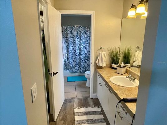 Bathroom, Interior, Tile Countertops, Wood Texture Flooring