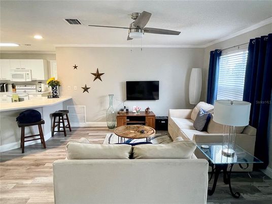 Interior, Kitchen, Living room, Recessed Lighting, Wood Texture Flooring
