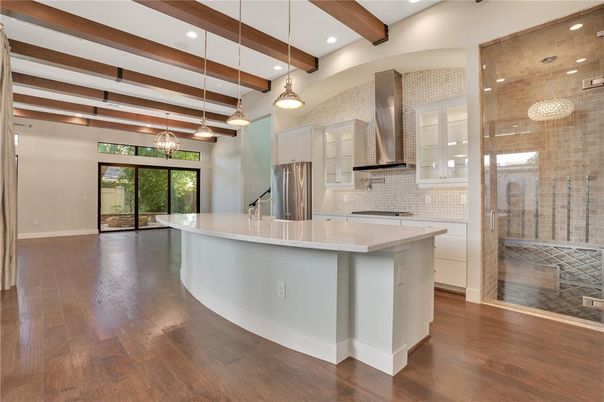 Interior, Kitchen, Pendant Lights, Recessed Lighting, Stainless Steel Appliances, Wooden Beams, Wood Texture Flooring