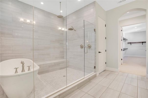 Bathroom, Free Standing Baths, Glass Shower, Interior, Recessed Lighting