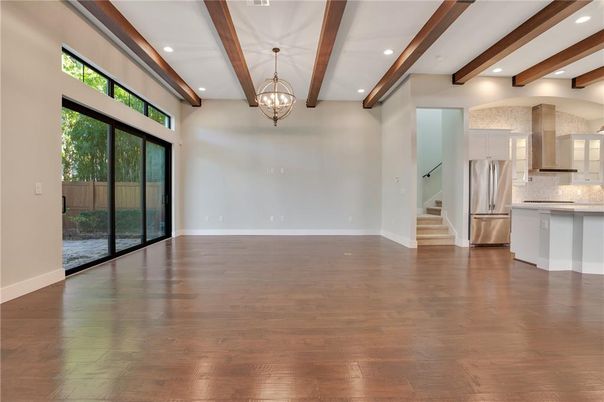 Chandelier, Interior, Kitchen, Recessed Lighting, Stainless Steel Appliances, Wooden Beams, Wood Texture Flooring