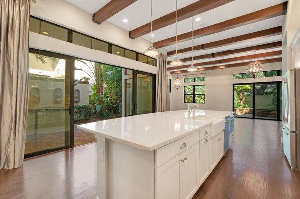 Interior, Kitchen, Pendant Lights, Recessed Lighting, Wooden Beams, Wood Texture Flooring