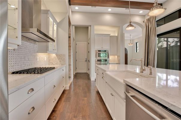 Interior, Kitchen, Pendant Lights, Recessed Lighting, Stainless Steel Appliances, Wooden Beams, Wood Texture Flooring
