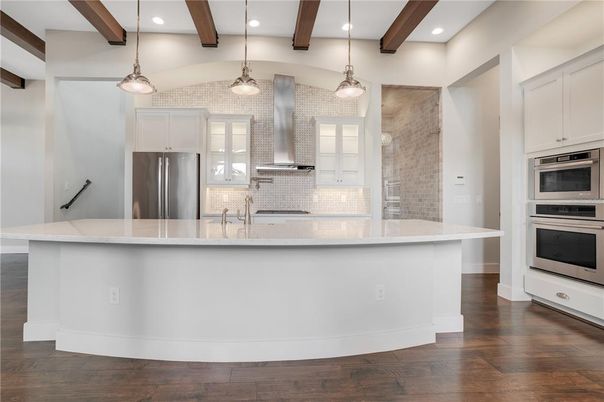Interior, Kitchen, Pendant Lights, Recessed Lighting, Stainless Steel Appliances, Wooden Beams, Wood Texture Flooring