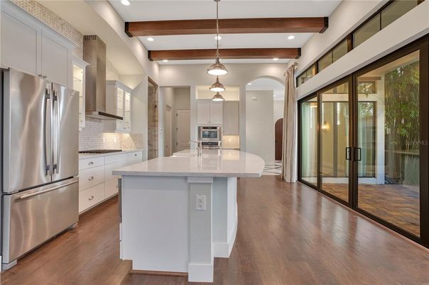 Interior, Kitchen, Pendant Lights, Recessed Lighting, Stainless Steel Appliances, Wooden Beams, Wood Texture Flooring