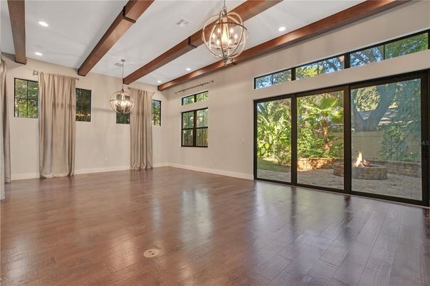 Empty room, Interior, Pendant Lights, Recessed Lighting, Wooden Beams, Wood Texture Flooring