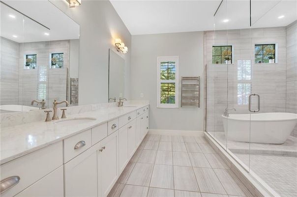 Bathroom, Dual Sink Vanities, Free Standing Baths, Glass Shower, Interior, Recessed Lighting