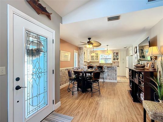 Dining room, Interior, Kitchen, Pendant Lights, Wood Texture Flooring