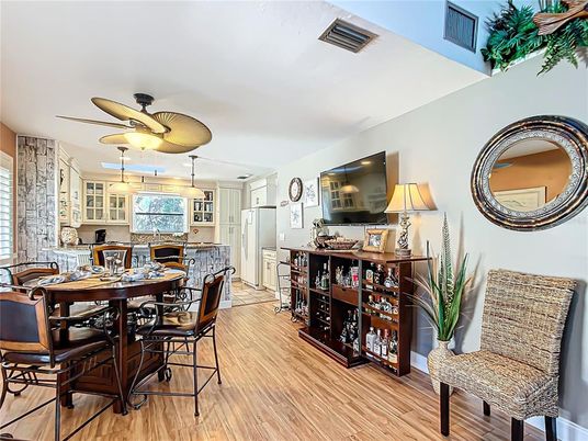 Dining room, Interior, Kitchen, Pendant Lights, Wood Texture Flooring