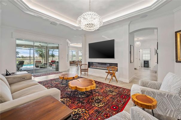 Chandelier, Fireplace, Interior, Living room