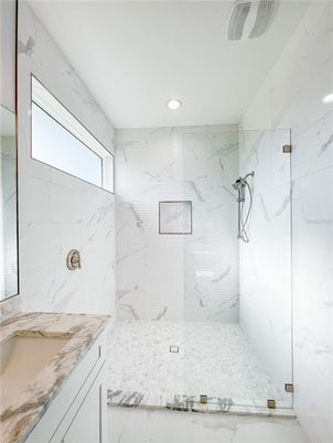Bathroom, Glass Shower, Interior, Marble Walls, Recessed Lighting