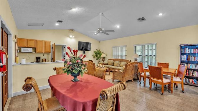 Dining room, Interior, Kitchen, Living room, Recessed Lighting, Wood Texture Flooring