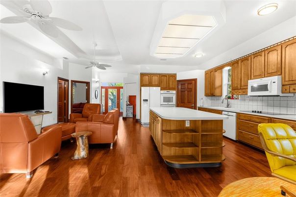Interior, Kitchen, Living room, Recessed Lighting, Tile Countertops, Wood Texture Flooring