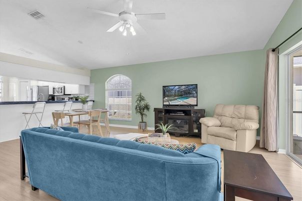 Dining room, Interior, Kitchen, Living room, Stainless Steel Appliances, Wood Texture Flooring